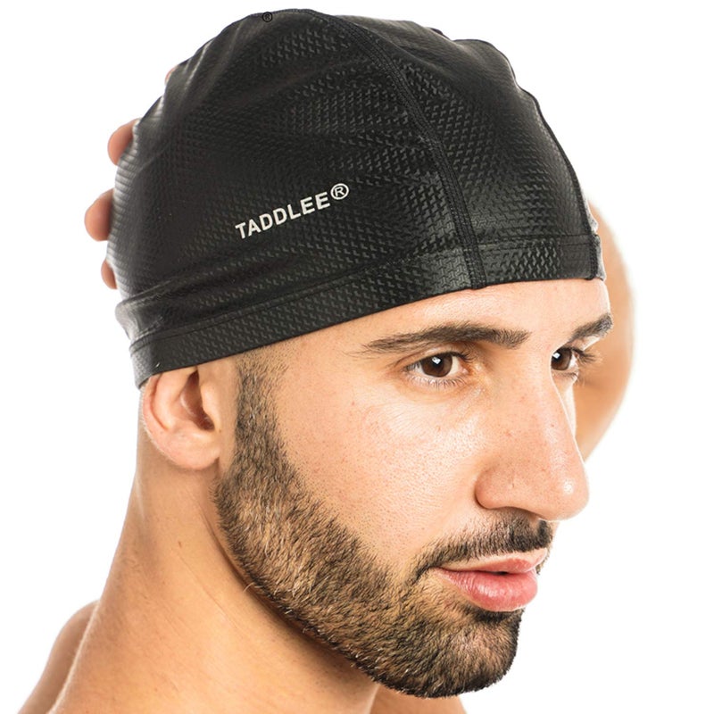 Taddlee Men Swim Cap PU Fabric Silicone Bathing Swimming Hat Pool Waterproof Sports Adult Swim Wear Accessories Large Size Outdoor (Black) - Image 1